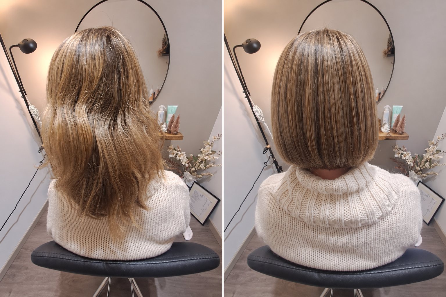 Voor en na van natuurlijk, pluizig haar naar een glanzende brushing met volume en beweging